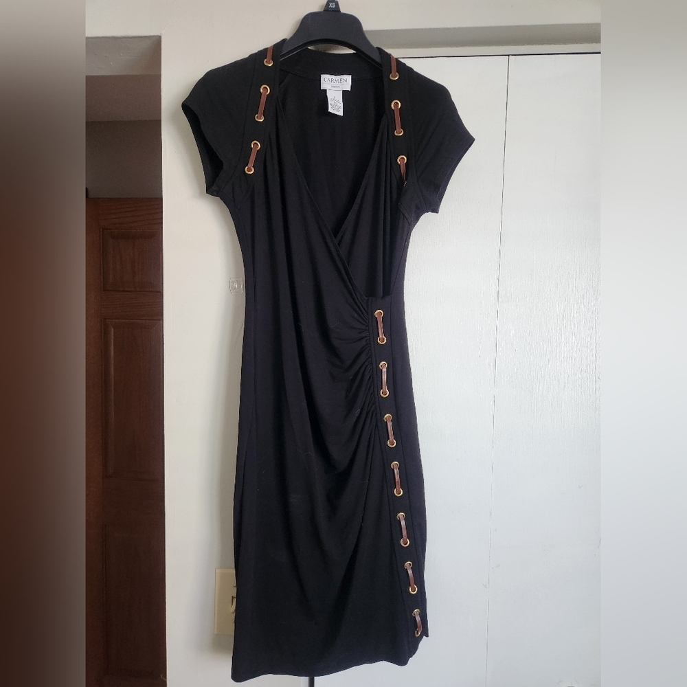Carmen Marc Valvo Black Dress with Tan Accents S
